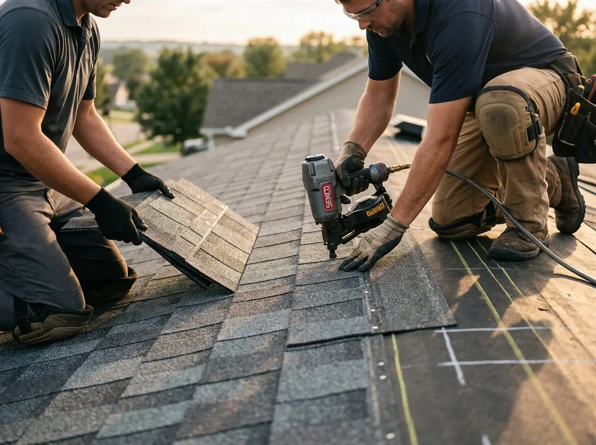 Professional roofer working on a residential roof in Montague